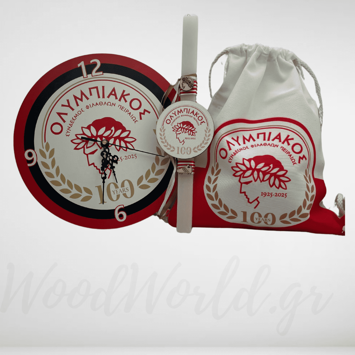 WoodWorld.gr Λαμπάδα Ολυμπιακού 100 χρόνια ρολόι και σάκο - Image 1